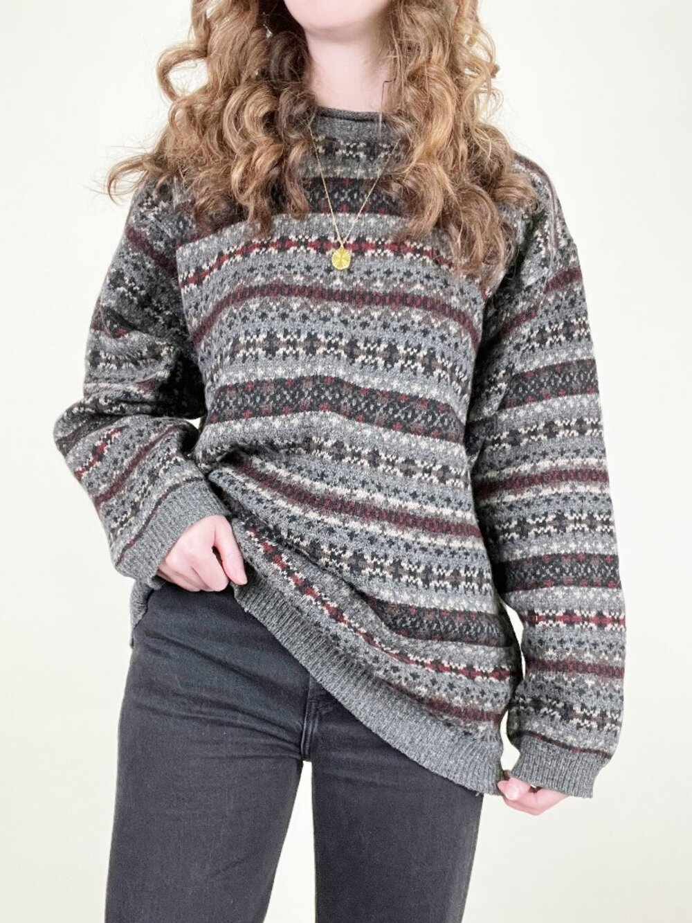 Vintage 90s 100% Shetland Wool Fair Isle Sweater Oversized Slouchy Scandinavian